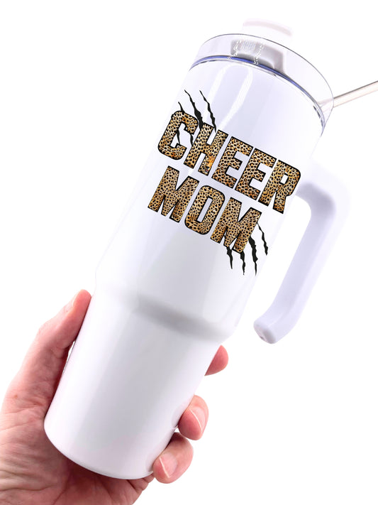 CHUMBLERS 30 Oz Stainless Steel Tumbler with Handle Cheer Mom Cheetah